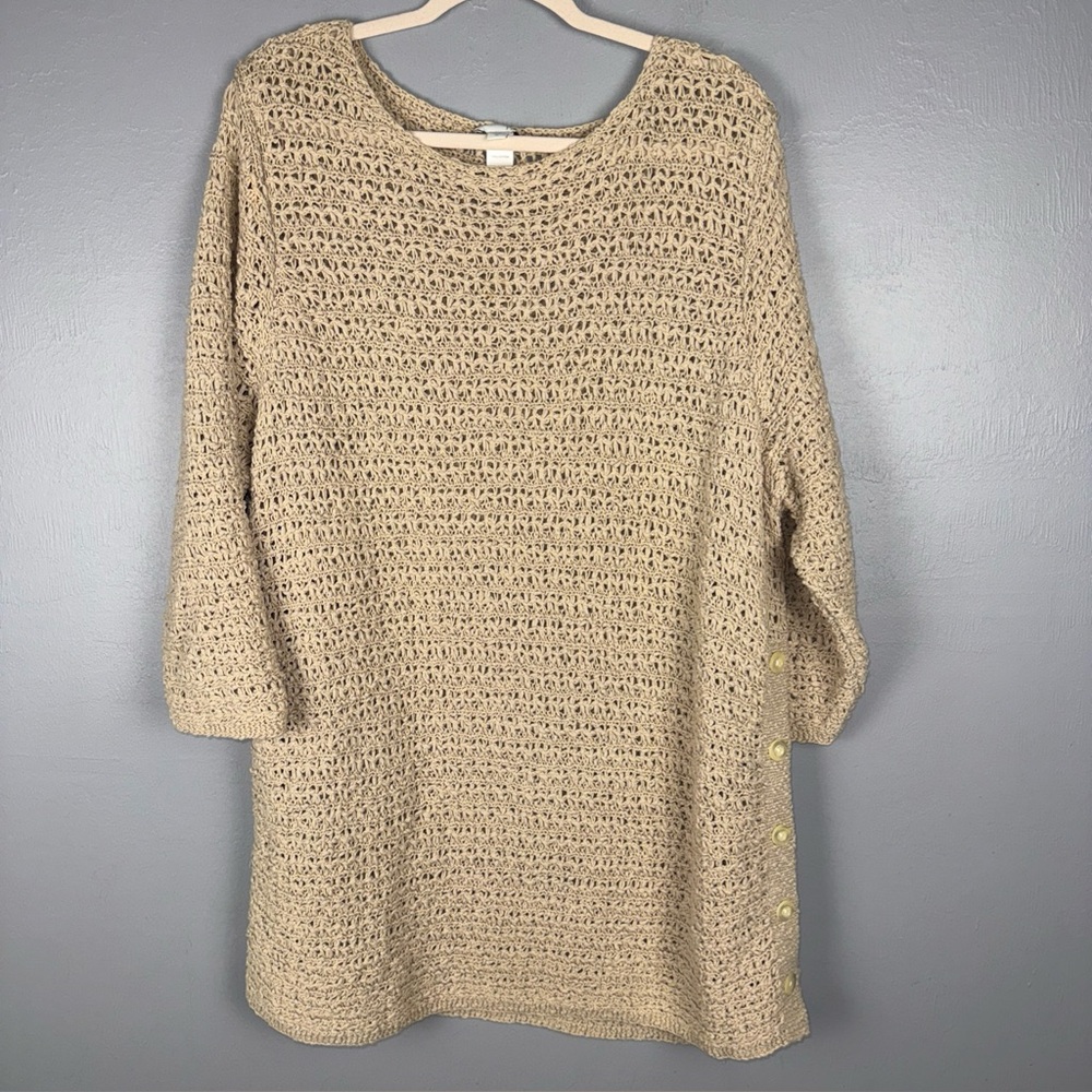 J. Jill Sweater Women’s XL Beige Open Knit Cotton‎ 3/4 Sleeves Boho Minimalist